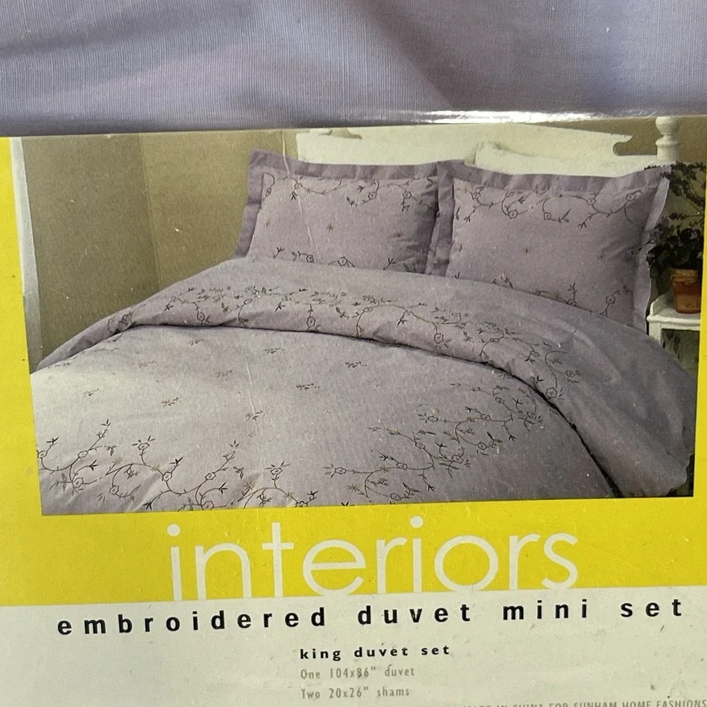 Vtg Interiors King Size Duvet Mini Set Lavender Embroidered Floral NEW NIP NOS